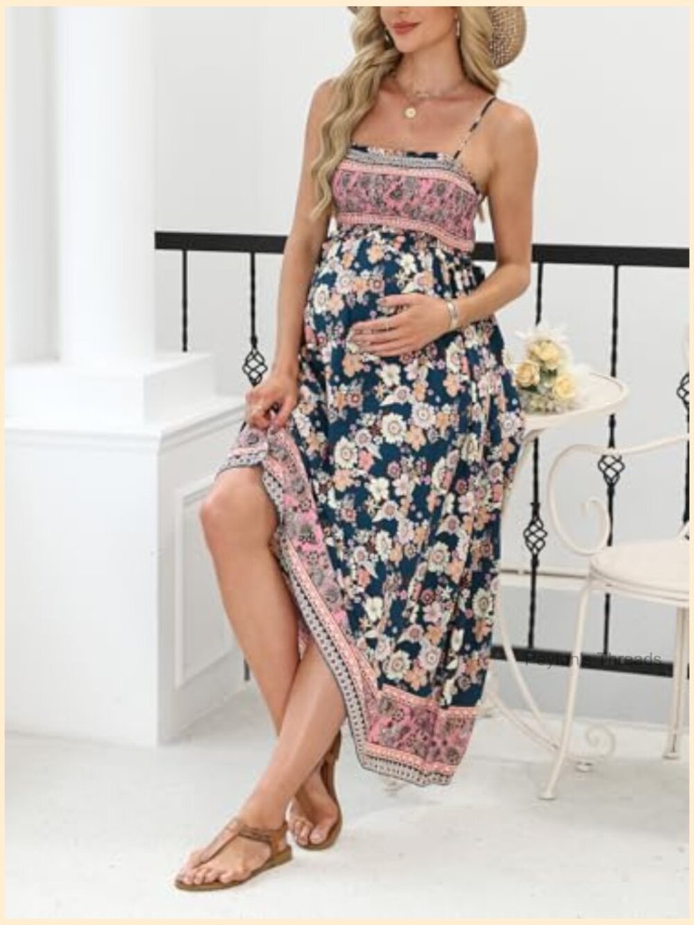 Maternity Maxi Dress Square Neck Smocked Ruched Flowy Pregnancy Baby Shower - Picture 4 of 7